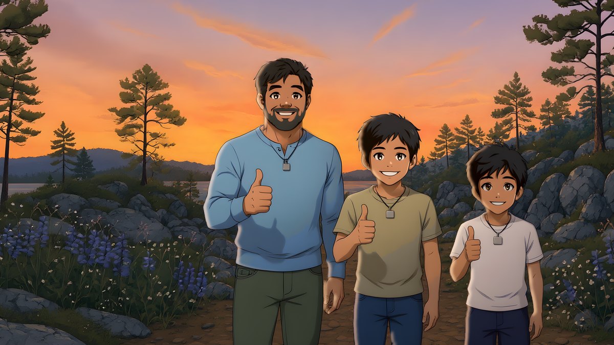 Uncle Paulok, Amir and Damaan smiling and giving a thumbs up at sunset among rocks and pine trees